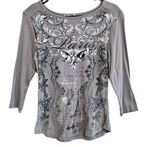 Vintage Blue Canyon Clothing Womens Top Paris Eiffel Tower Graphic Stretch Small